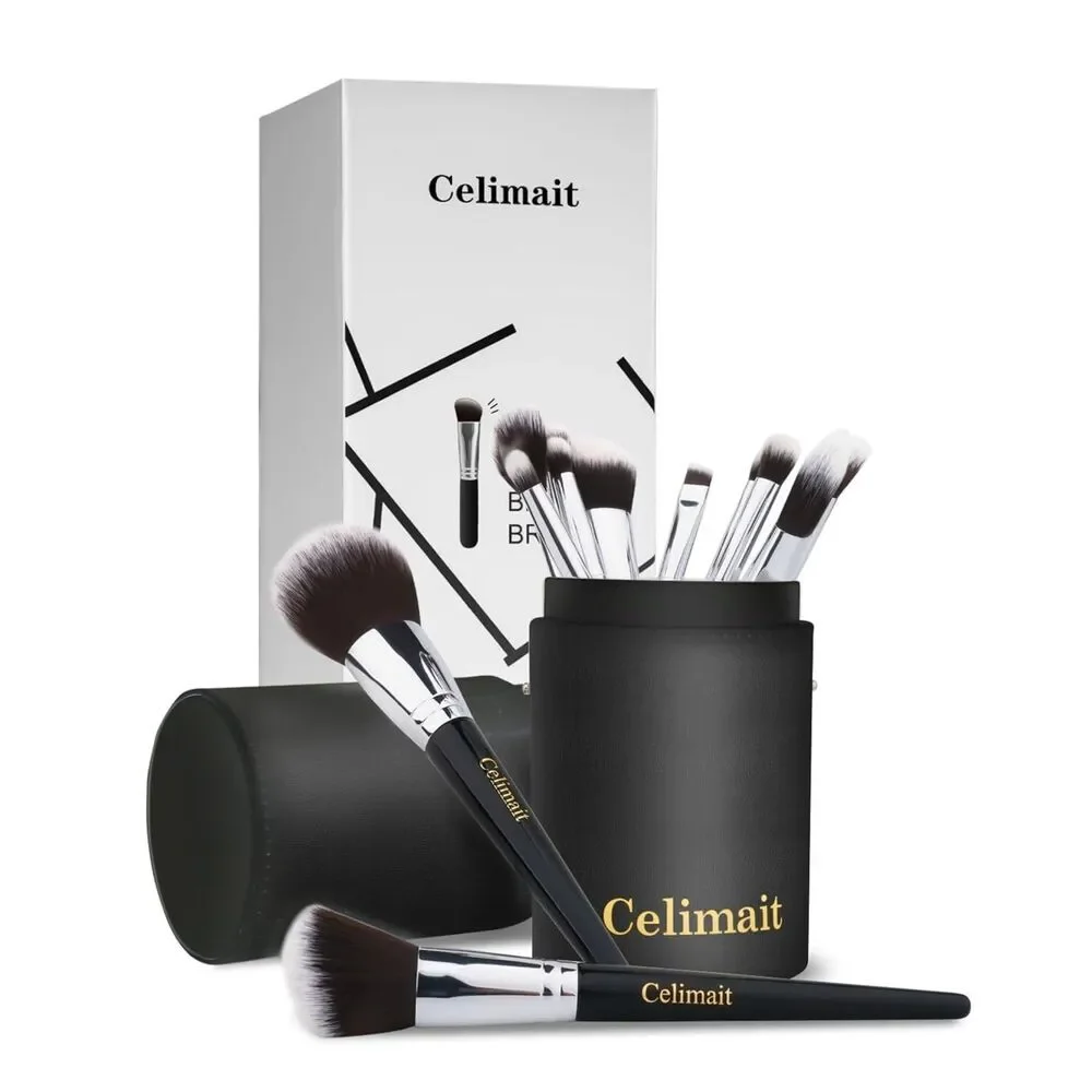 12 Piece Black Professional Soft Synthetic Bristles Makeup Brushes Set With Case